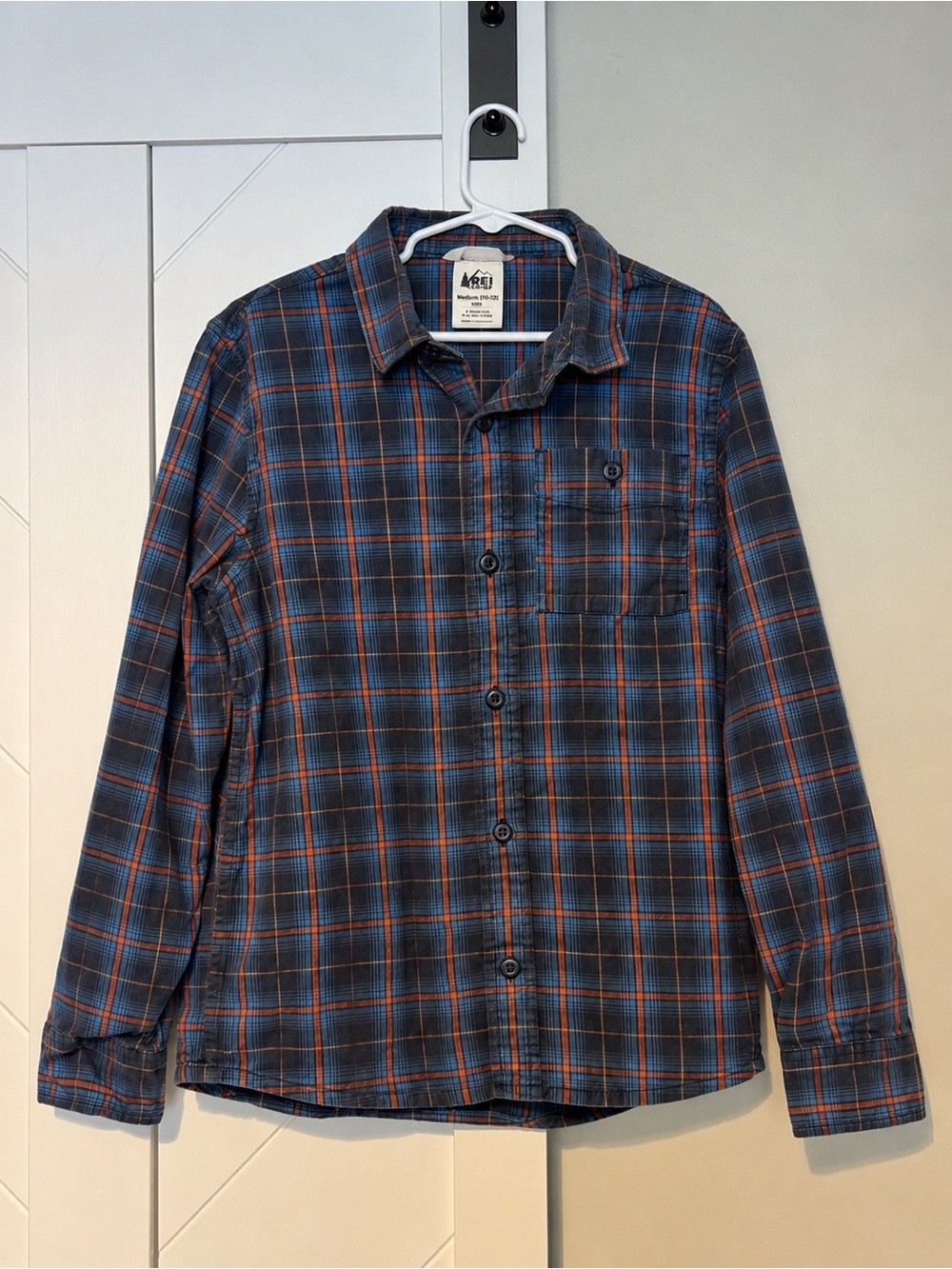 REI Co-op Kids Medium 10-12 Blue Orange Plaid Button Up Shirt